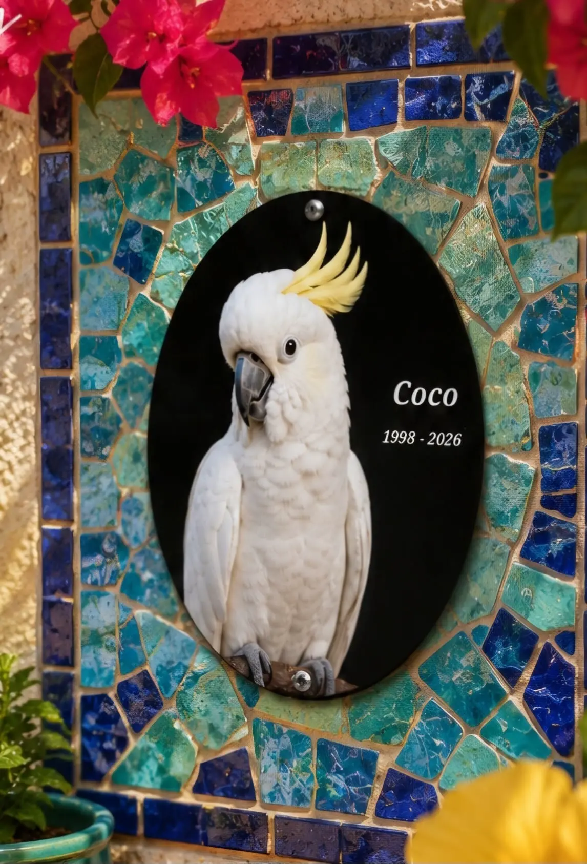 Ovale Gedenktafel mit weißem Kakadu und der Aufschrift Coco 1998 bis 2026, gerahmt von blauem Mosaik