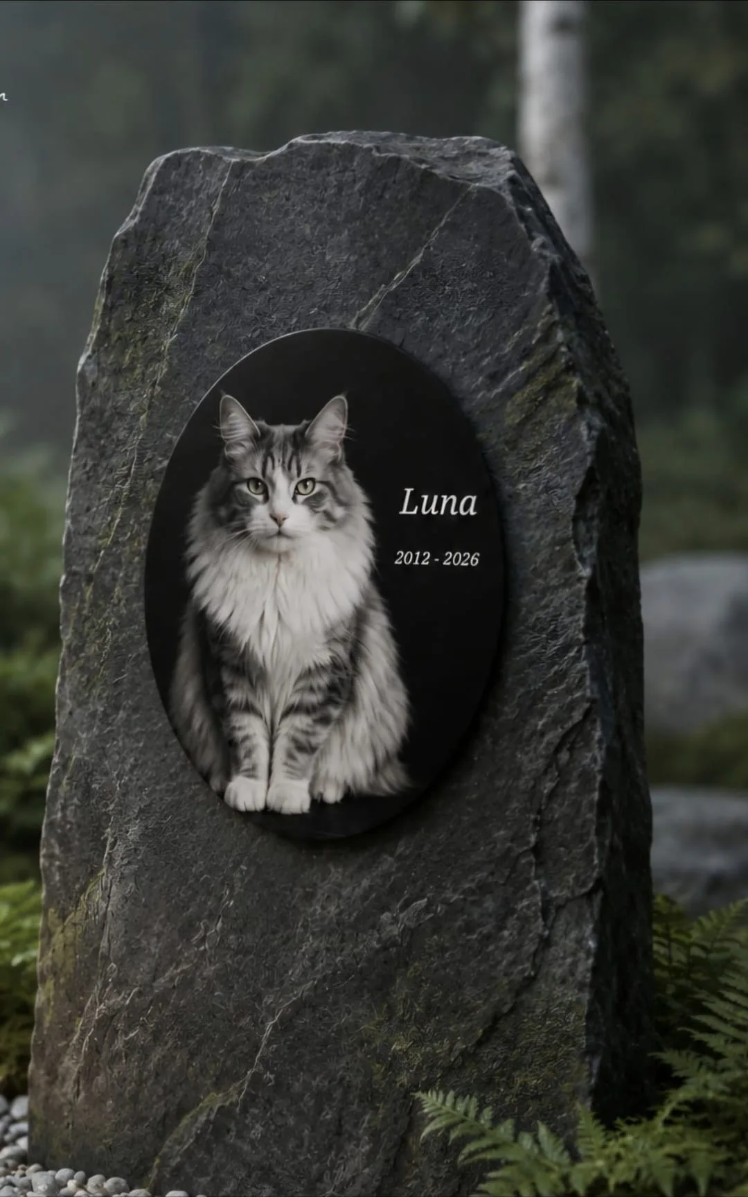 Ovale Aluminiumplatte mit Katzenfoto auf einem Gedenkstein